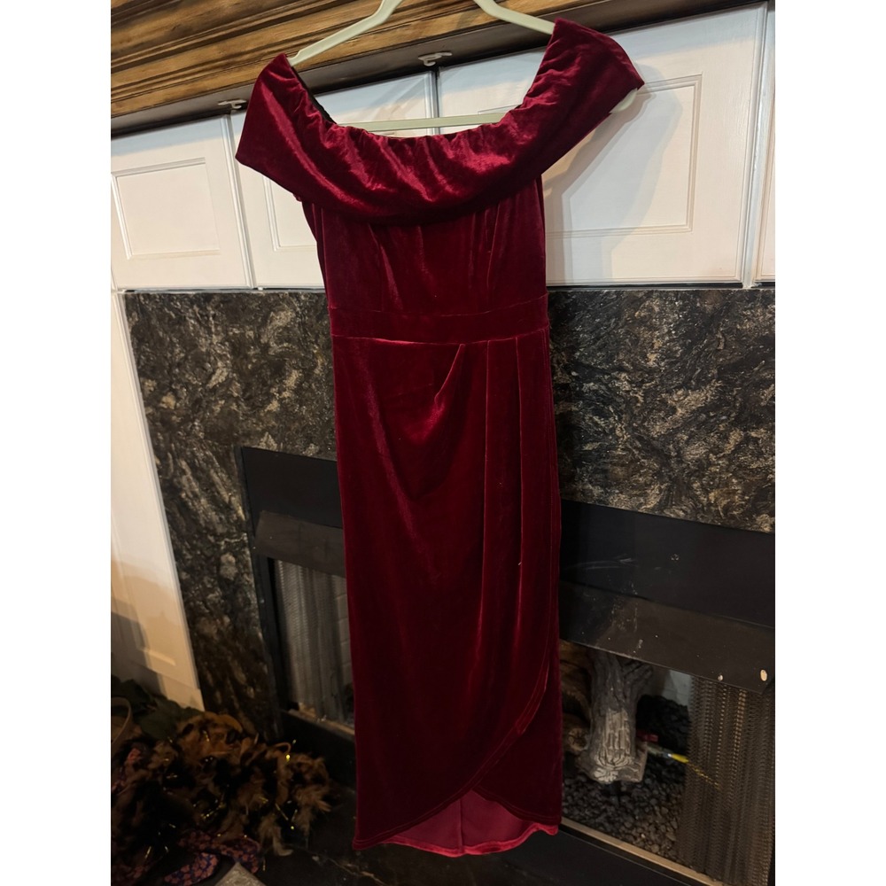 Burgundy Velvet Off The Shoulder Midi Dress Faux Wrap Tulip Hem Red Small